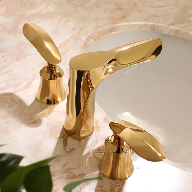 Luxury gold solid brass bathroom sink basin faucet Art design Dual handle three holes mixer faucet