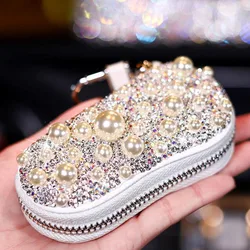 Crystal Diamond Car Keychain Leather Car Key Case Coin Purse Universal Car Keys Holder Bling Car Accessories for Ladies Woman