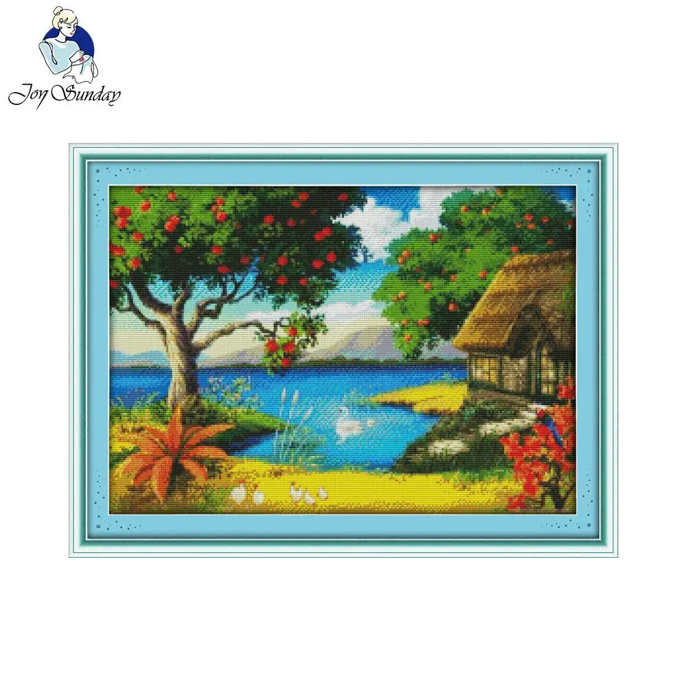 Joy Sunday Needlework 11CT 14CT Printed Cross Stitch for Set Embroidery Kit The story of apple trees Pattern Cross-Stitching