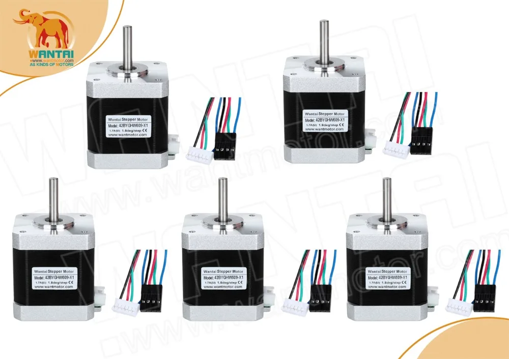 Wantai 5PCs Nema 17 Stepper Motor 42BYGHW609-X1 4000g-cm 40mm 1.7A with single flat shaft,  Connectors 1000MM Leads