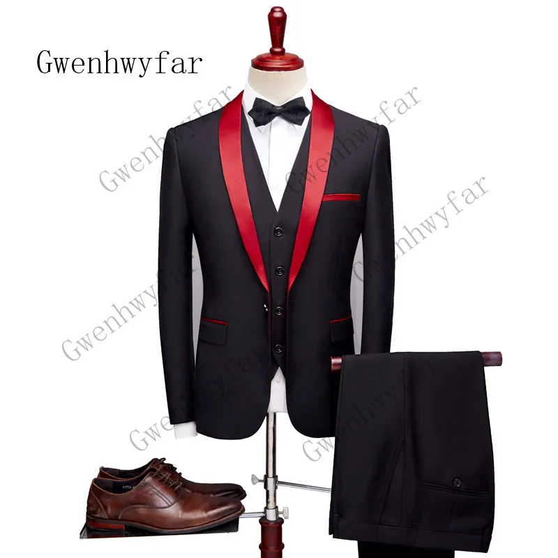 

Gwenhwyfar (Jacket+Pants+Vest) Black Men Suit With Red Shawl Lapel Groom Tuxedos Men Wedding Blazer Latest Coat Pant Designs