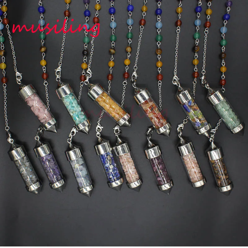 Wishing Bottle 7 Chakra Beads Chain Reiki Pendulum Pendants Natural Gem Stone Charms Healing Amulet Jewelry Wholesale 10pcs