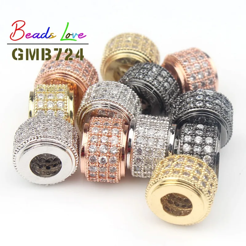 3pcs/lot Fashion Metal Brass Micro Pave Crystal CZ Cylinder Round Spacer Beads for Men Bracelet Making DIY Jewelry Accessories