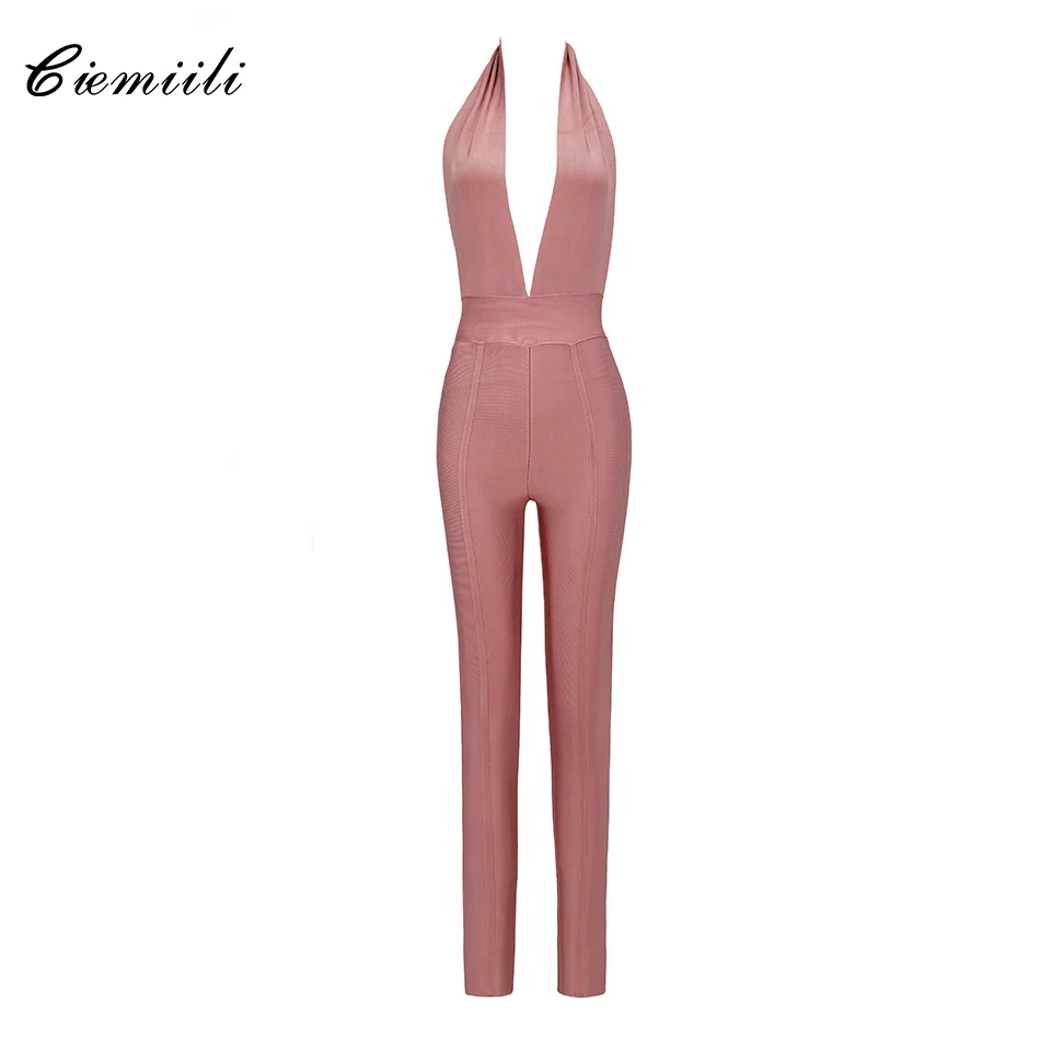 CIEMIILI Deep V Neck Fashion Celebrity Bandage Solid Rompers 2022 Ladies New Fashion Full Length Skinny Summer Backless Jumpsuit