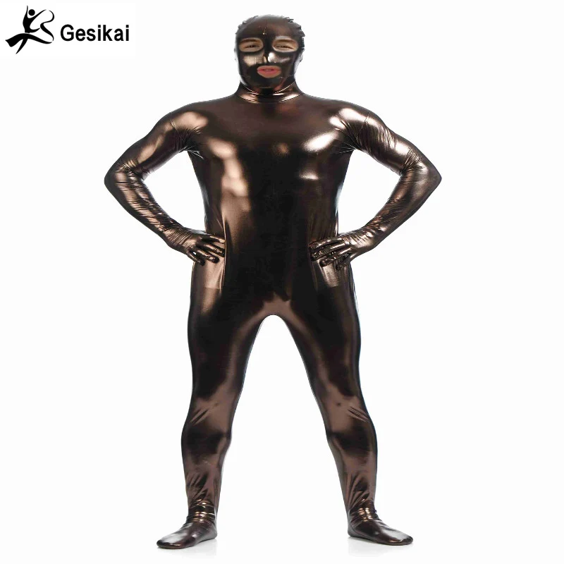 Gesikai fantasia adulto metálico abrir os olhos e boca zentai completo bodysuit brilhante homens collants terno macacões homens trajes de halloween