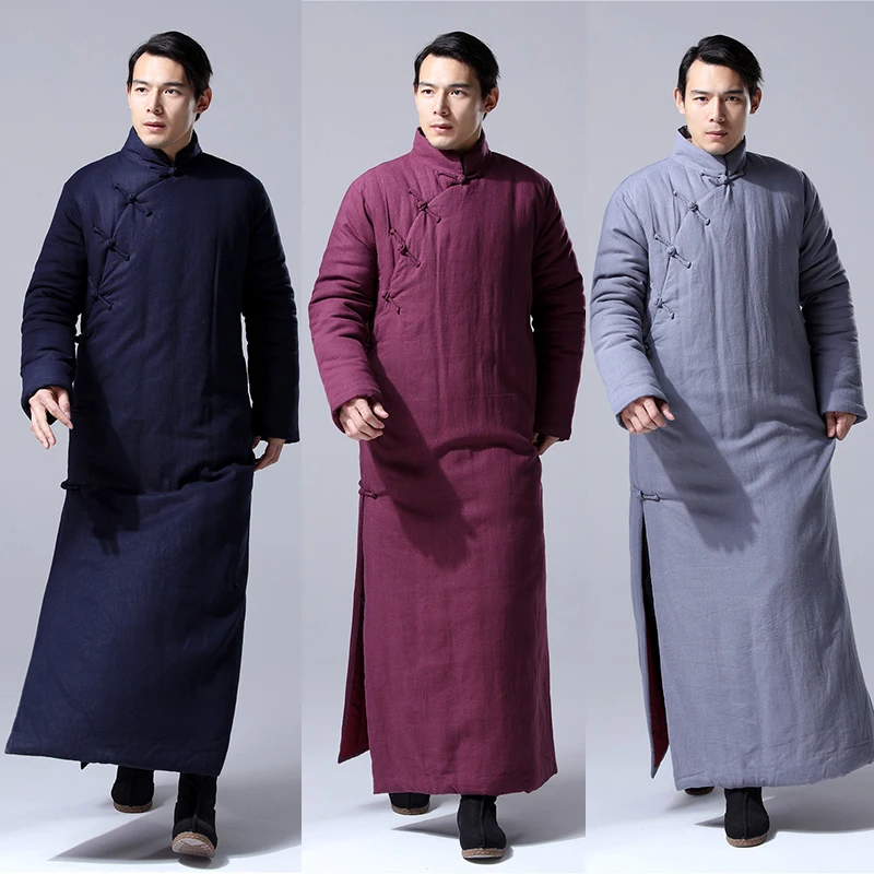 Chinese style thick loose Linen pourpoint Long Robe China Traditional winter men's Wear Retro hemp cotton padded long gown Robe