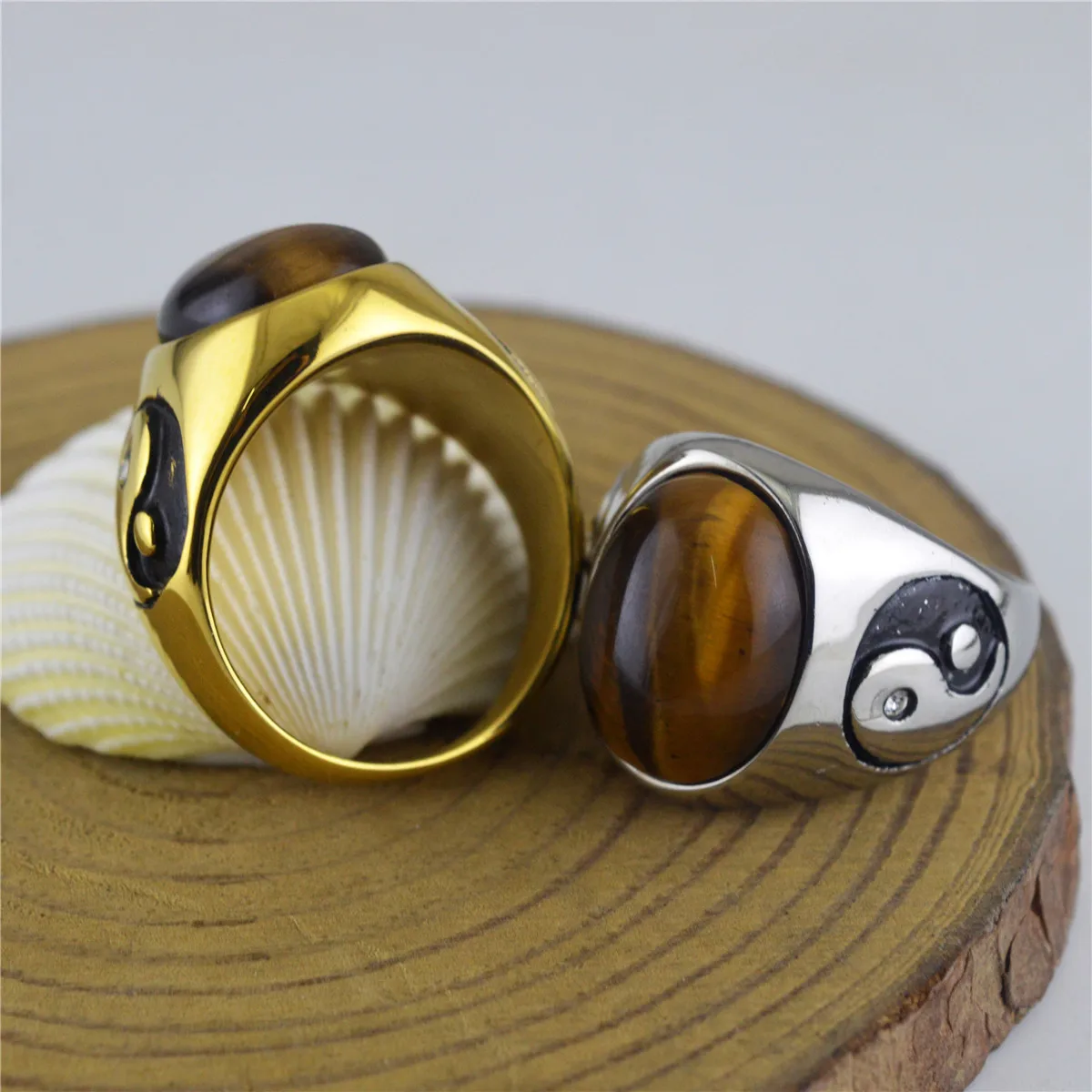 US 7 to 13 size Silver gold Men Oval Tiger Eye Brown Stones with Symbol Ring Stainless Steel Jewelry Mens Accessories Anel Aneis