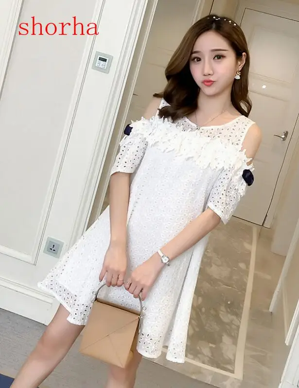 Maternity wear summer maternity fashion off-the-shoulder loose hollow-out lace hook flower hollow cotton A word maternity dress