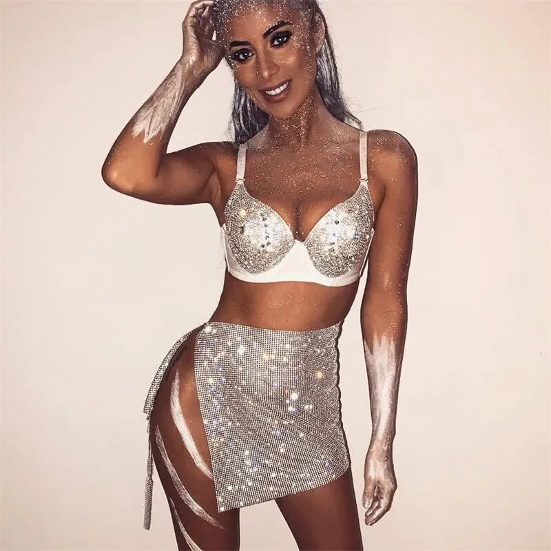 AKYZO Women's Sexy Clubwear Split Rhinestone Mini Skirt 2023 New Luxury Metal Sequin Glitter Crystal Party Skirt Gold/Silver