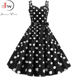 Women Summer Polka Dot Print Party Robe Femme Black Retro Vintage Swing Prom Rockabilly Midi Dresses vestidos