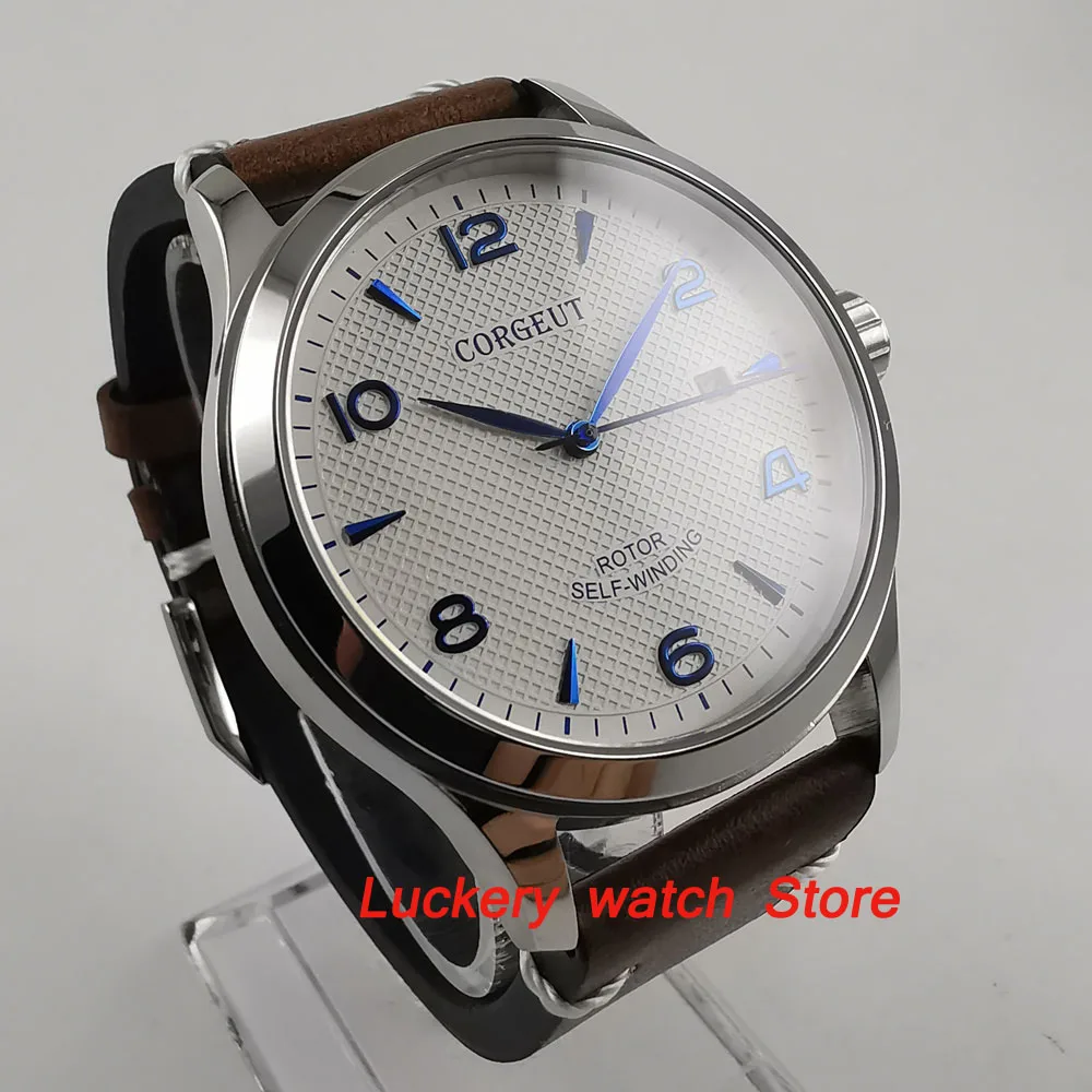 42mm corgeut men\'s watch white dial blue hands and marker sapphire glass Automatic watch-CA40