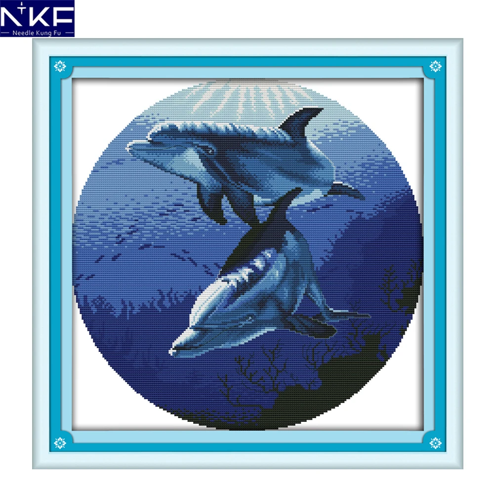 NKF Classic dolphins animal style needle craft cross stitch charts counted stamped Chinese cross stitch kits for home decoration