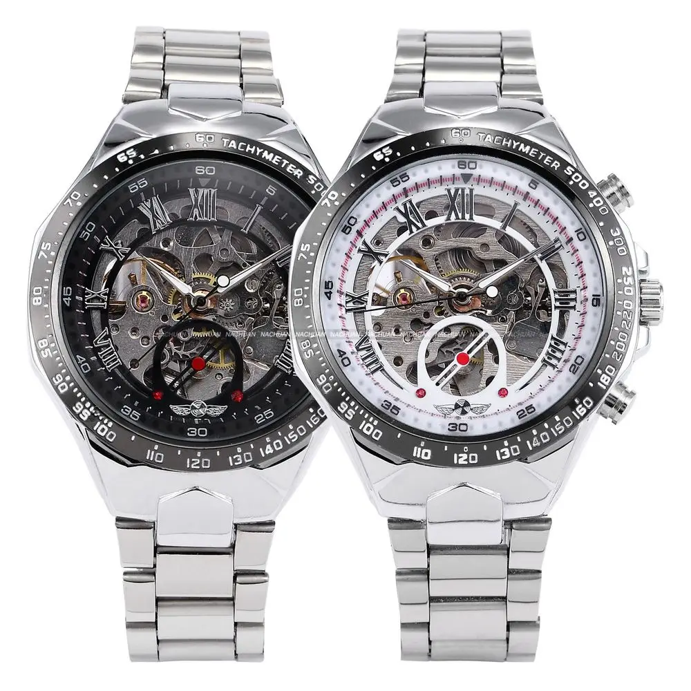 New WINNER Relojes Watches Top Branded Mens Classic Stainless Steel Self Wind Skeleton Mechanical Watch Fashion Cross Wristwatch