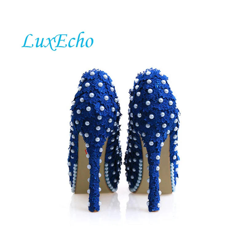 BaoYaFang Royal Blue lace Wedding shoe Bride Party dress shoes high heels round toe womens Pumps pearl shoes real leather insole