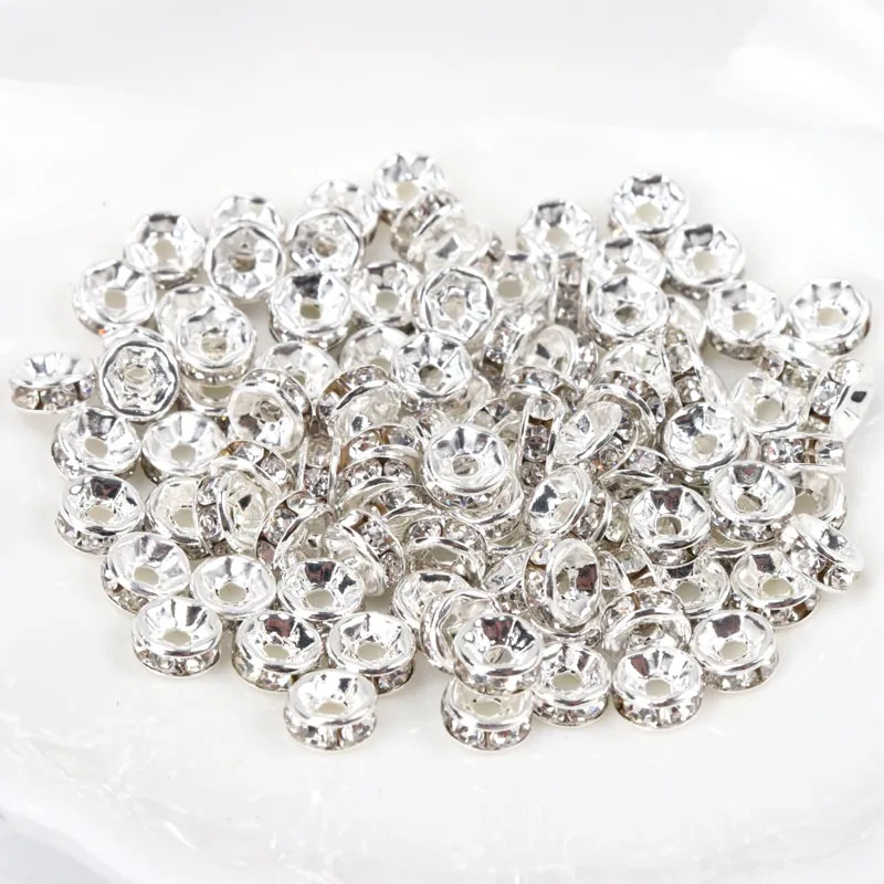 50pcs/lot 4 6 8 10mm Rhinestone Rondelle Crystal Round Loose Spacer Beads for Jewelry Making DIY Bracelet Necklace Accessories