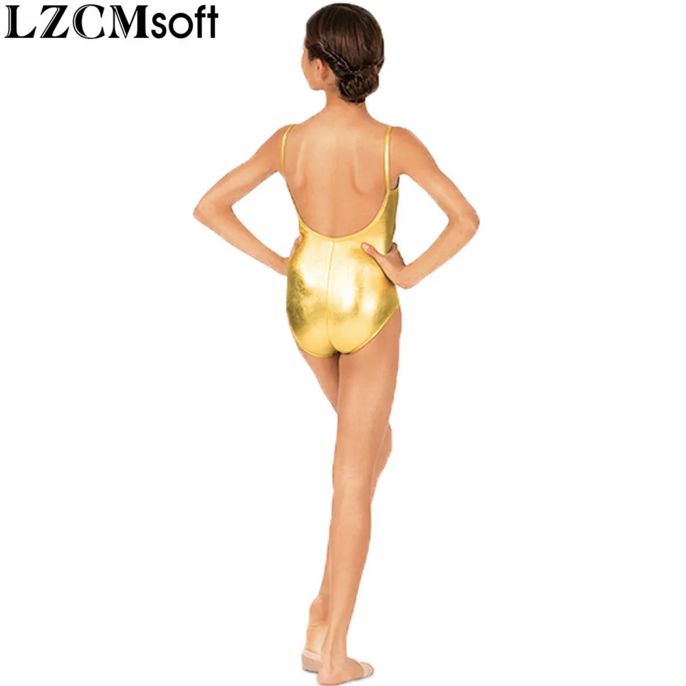 Lzcmsoft Goud Meisjes Spaghettibandjes Shiny Metallic Dance Turnpakje Childrens Hemdje Maillots Backless Ballet Tops Wear Peuters