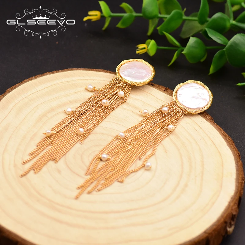 GLSEEVO Fresh Water Baroque Flat Pearl Tassel Long Flat Back Earrings Women Vintage Fashion Fine Luxury Wedding Jewellery GE0656