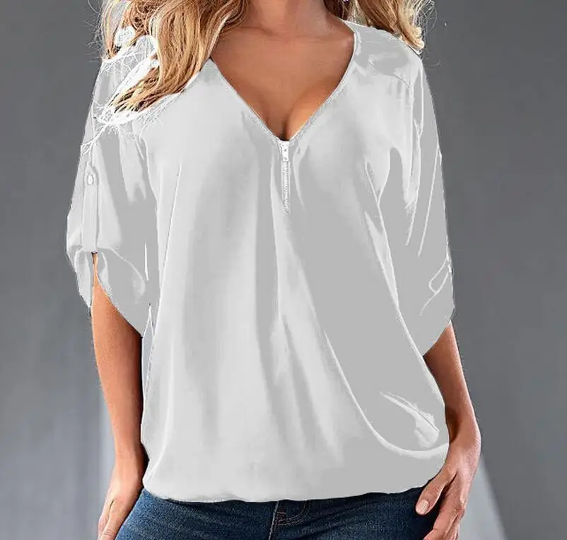 S-5XL Blouses Losse shirt Wit, Rood, Zwart, blauw Sexy Vrouwen See Through Chiffon Shirts V-hals Half Casual Blouse Tops Plus Size