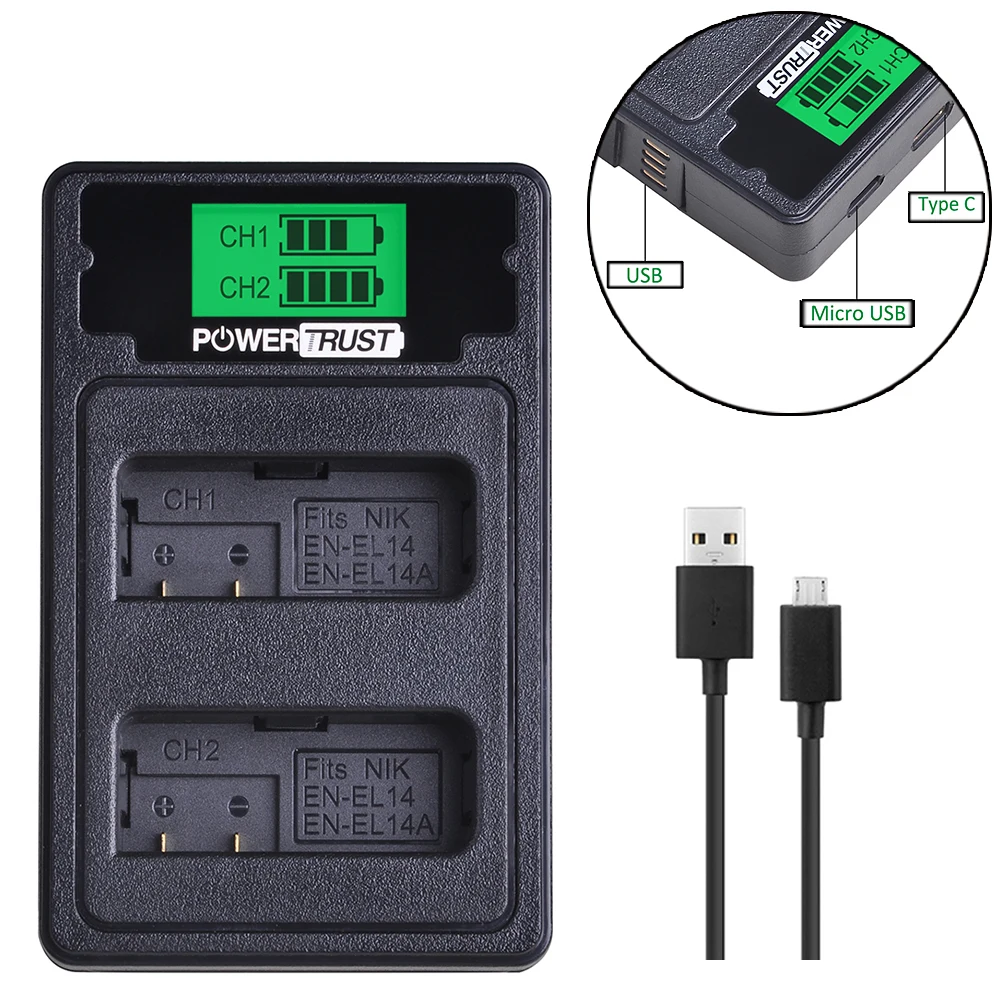 

1X EN-EL14 EN-EL15 EN-EL20 NP-FW50 NP-W126 LP-E6 LP-E8 LP-E17 NB-13L DMW-BLC12 Battery Charger with Type C Port