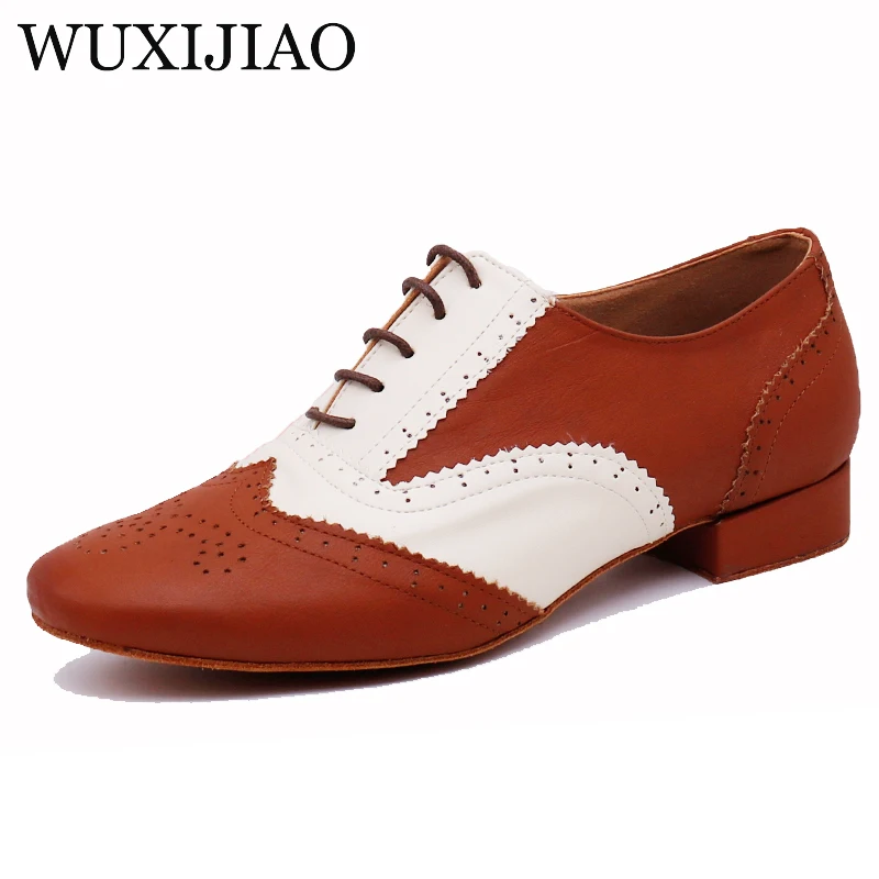 WUXIJIAO Latin dance shoes men's leather ballroom dance shoes men's soft bottom national wind shoes low with 2.5cm