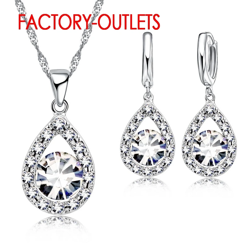 925 Silver Needle Bridal Jewelry Sets Shiny Austrian Crystal Water Drop Necklaces Hoop Earrings Women Girls Engagement Jewelry