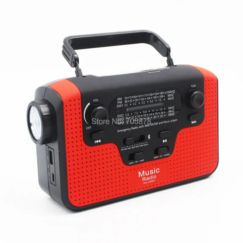 Dinamo multifuncional FM/AM/SW1-SW4 (tarjeta TF), Radio Solar con manivela manual, Altavoz Bluetooth, cargador de teléfono USB, linterna LED