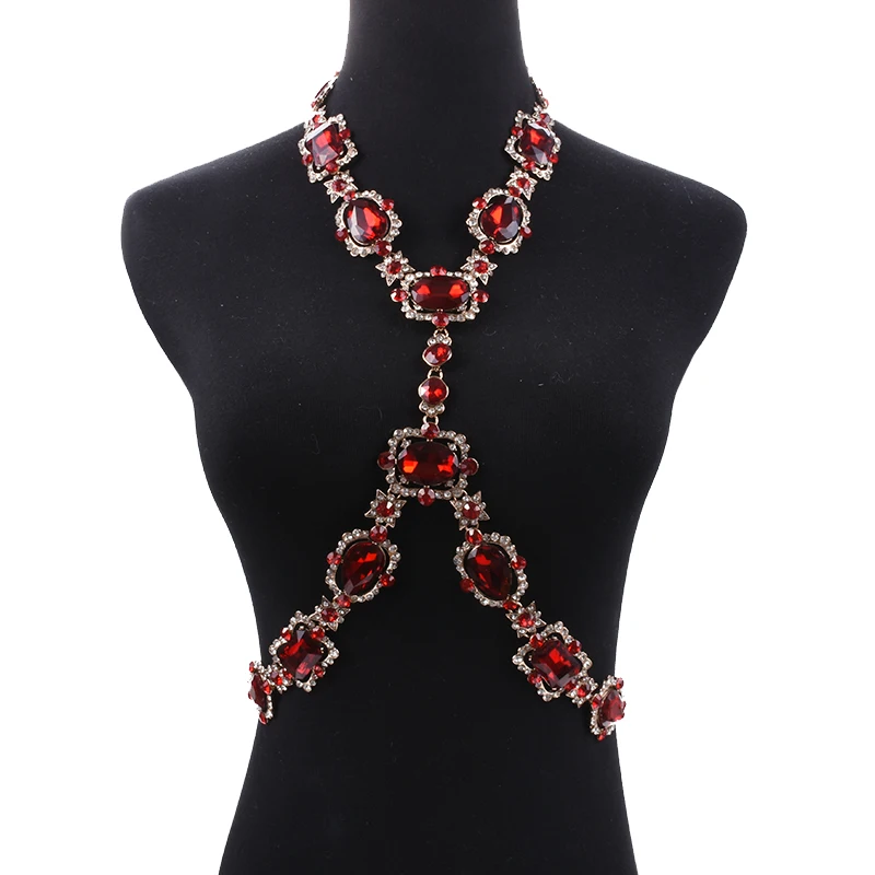 2024 New Fashion Big Glass Waist Chain Body Chains Necklace Jewelry Women Indian Statement Long Crystal Rhinestones Necklace