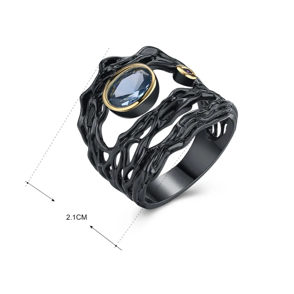 DreamCarnival 1989 Neo-Gothic Series Hollow Sea Blue Zirconia Vintage Ring for Women Black Gold Color Braided Jewelry Drop Ship