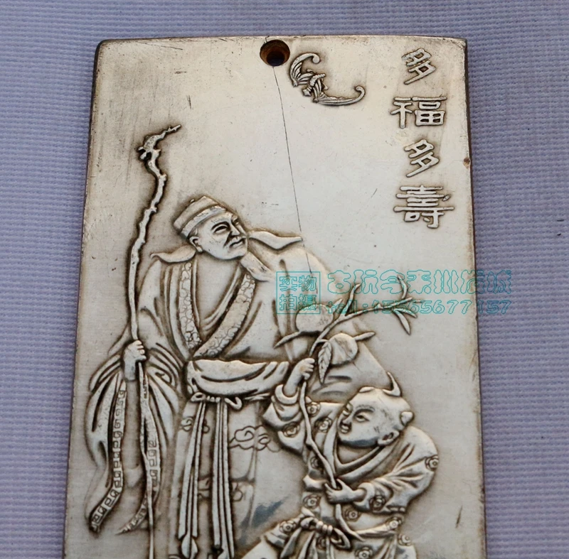 Chinese tibet Silver Bullion thanka Fengshui Live long and proper statue amulet Waist tag, hang metal handicraft