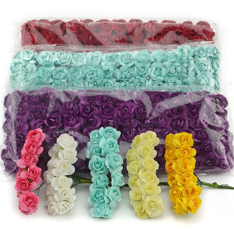 144 Teile/los 1,5 cm Mini Papier Rose Künstliche Blumen Hände Für Hochzeit Dekoration Scrapbooking Kleine Gefälschte Blumenstrauß – Detail 1