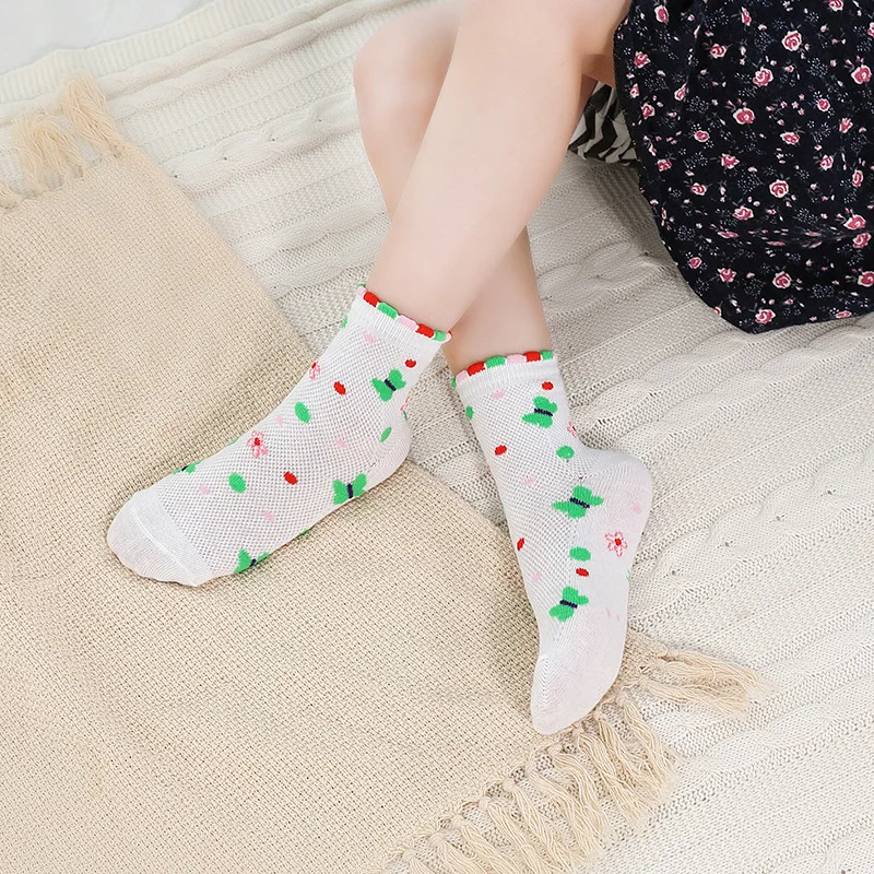 2024 New Spring Summer 5 Pairs Girls Socks Mesh Cotton Bow Beautiful Wavy Mesh Breathable Socks Kids Socks For Girls 3-15 Year