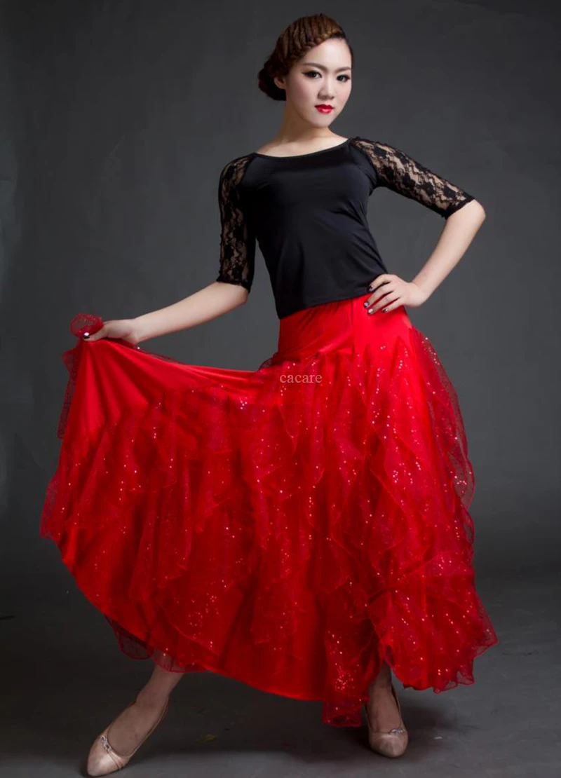 Ballroom Dance Competition Dresses Flamenco Standard Dance Dresses Waltz Tango 2 Colors Shirt Skirt Set D0423 Big Ruffled Hem