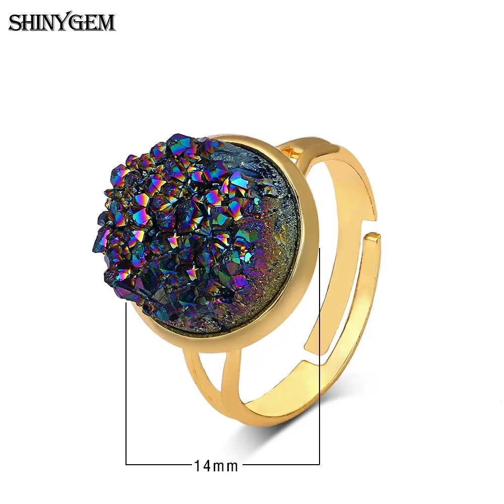 

ShinyGem Natural Crystal Druzy Opal Gold Plating Big Gem Stone Elegant Adjustable Size Jewelry Women Rings