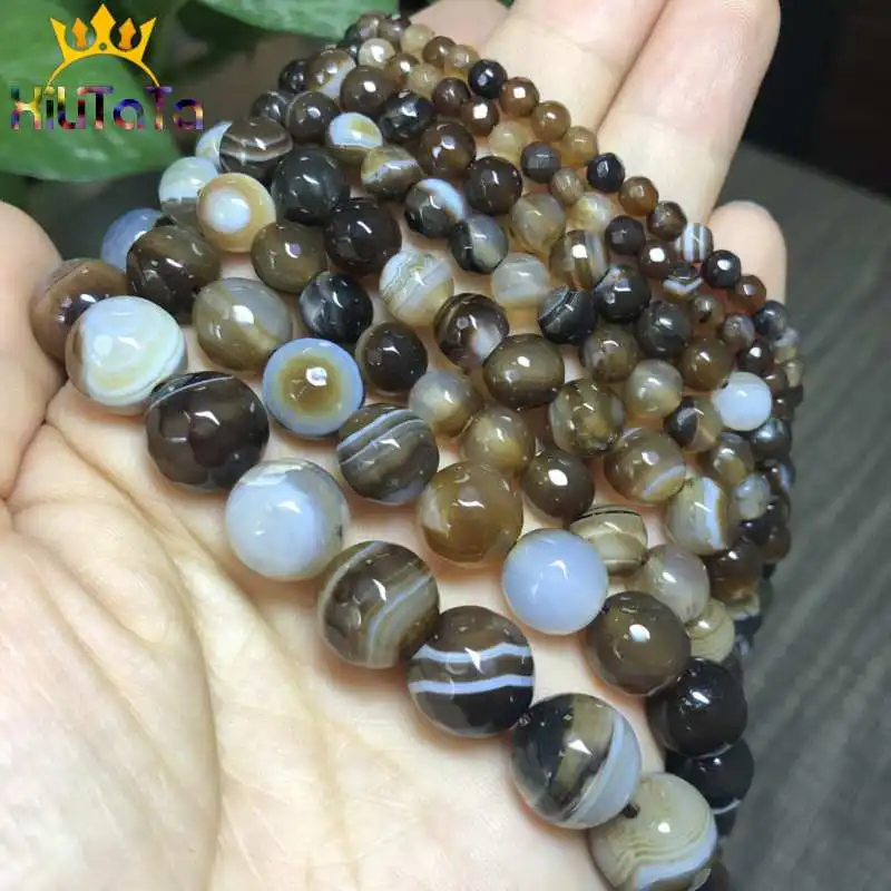 Natural Faceted Coffee Striated Agates Onyx Beads Round Loose Beads For Jewelry Making DIY Bracelet Necklace 15\'\' 4/6/8/10/12mm