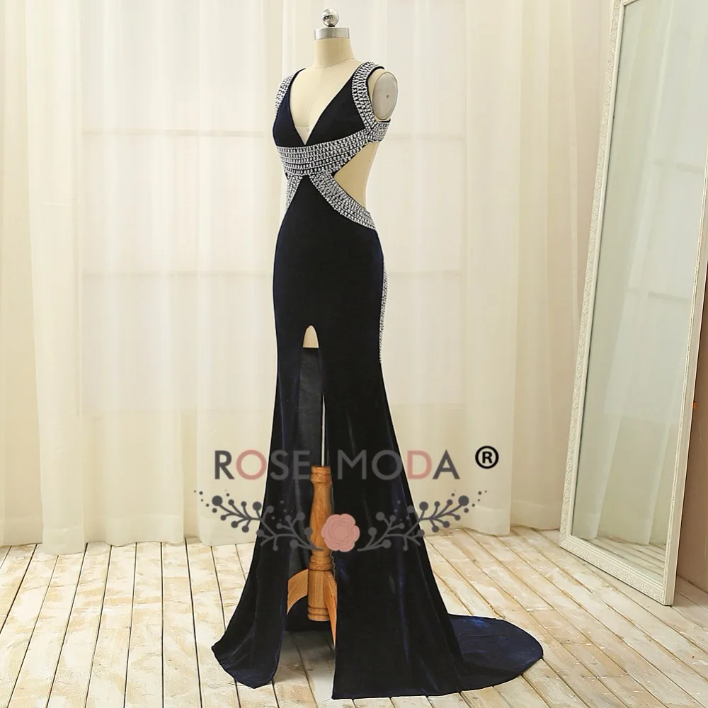 Rose Moda مثير الخامس الرقبة البحرية المخملية فستان سهرة مع شق عالية صور حقيقية