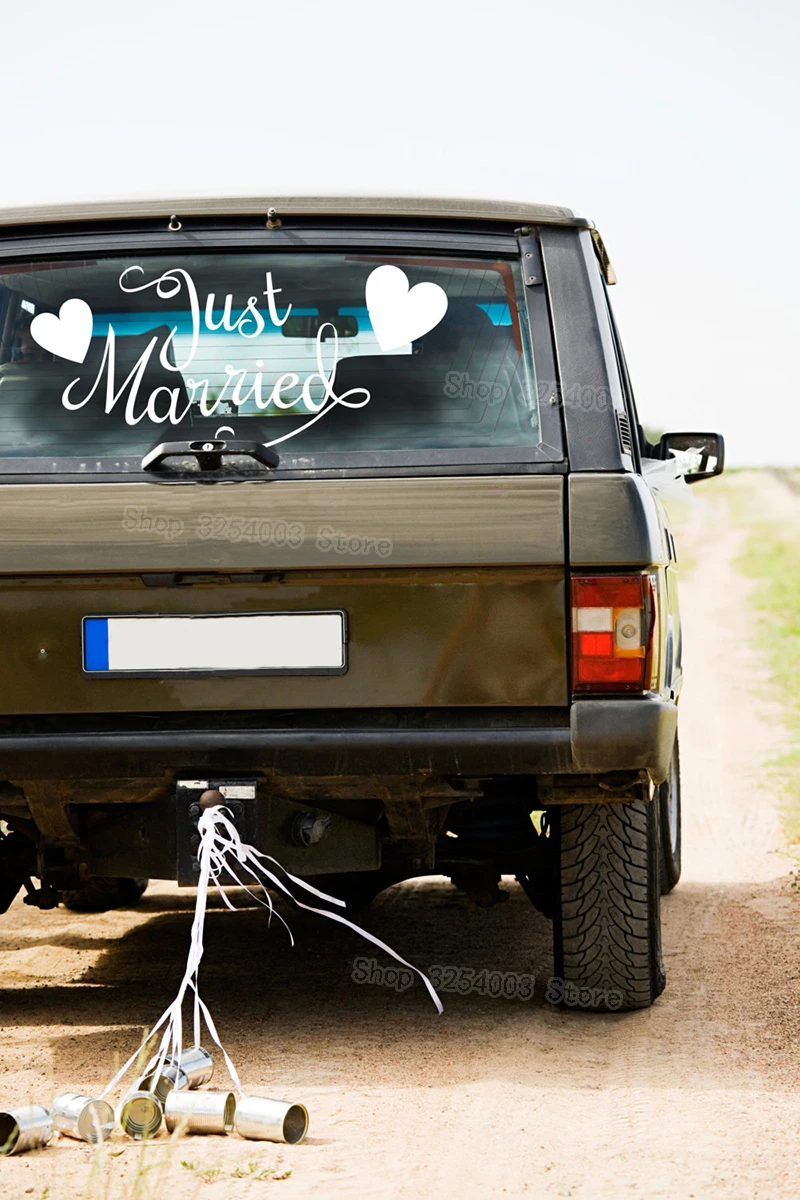 Just Married with Hearts Car Sticker Quote Vinyl Stickers Wedding decor Removable Window Murals Wall Stickers for Bedroom S425