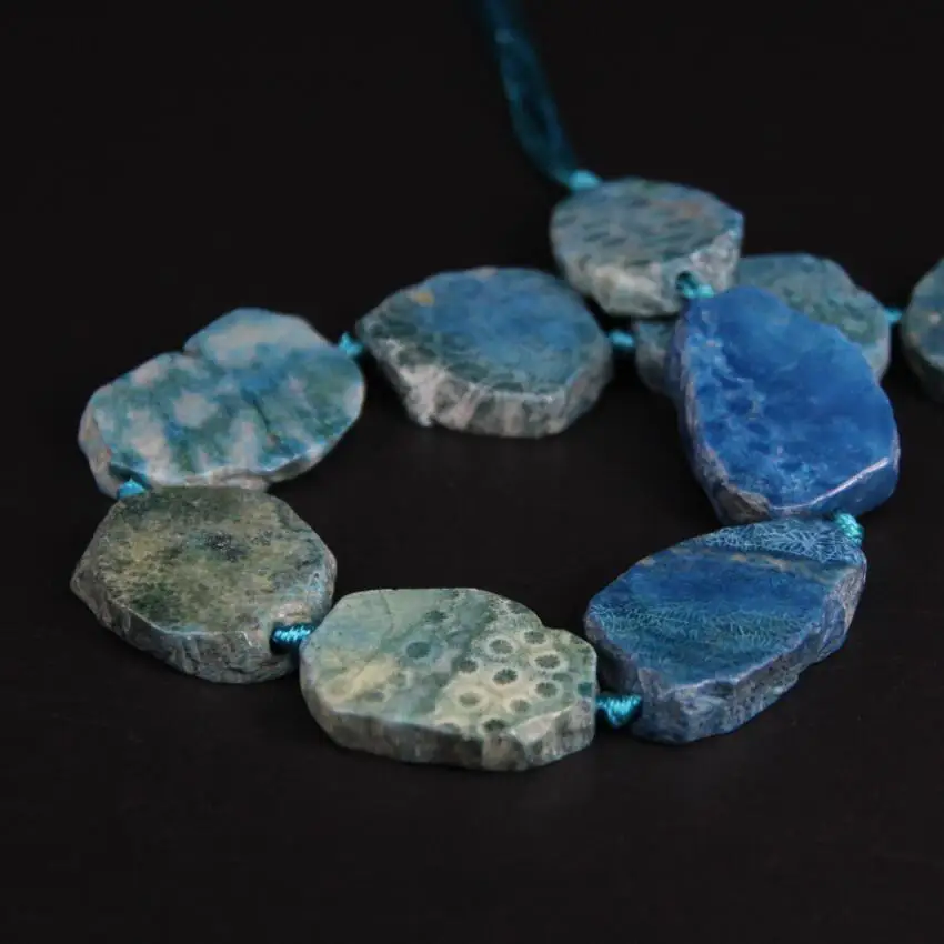 New!!! 11-13PCS/strand Blue Coral Jades Fossils Raw Slab Nugget Beads,Ocean Chrysanthemum Stone Agates Slice Pendants Jewelry