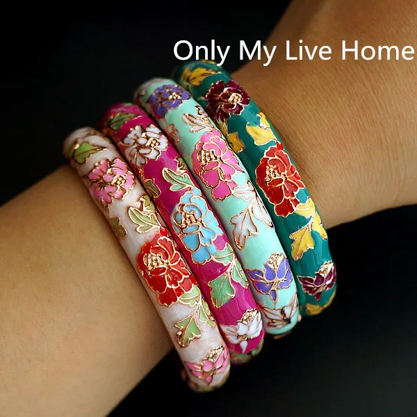 Peony Flower Vintage Chinese Filigree Bracelets Traditional Cloisonne Enamel Ethnic Spring Hinged Cuff Bangles For Women