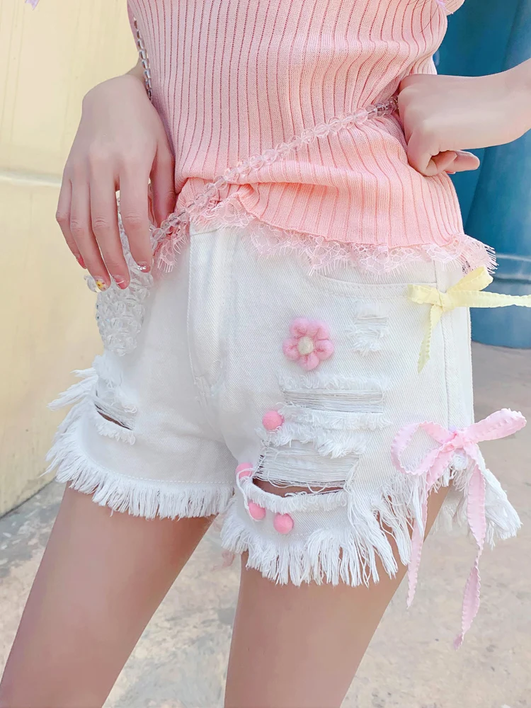 Summer Kawaii Junior\'s Denim Shorts Women Korea Hollow Out Short Shorts Ins Pink White Bow Jeans Feminino Casual Hole Bottoms