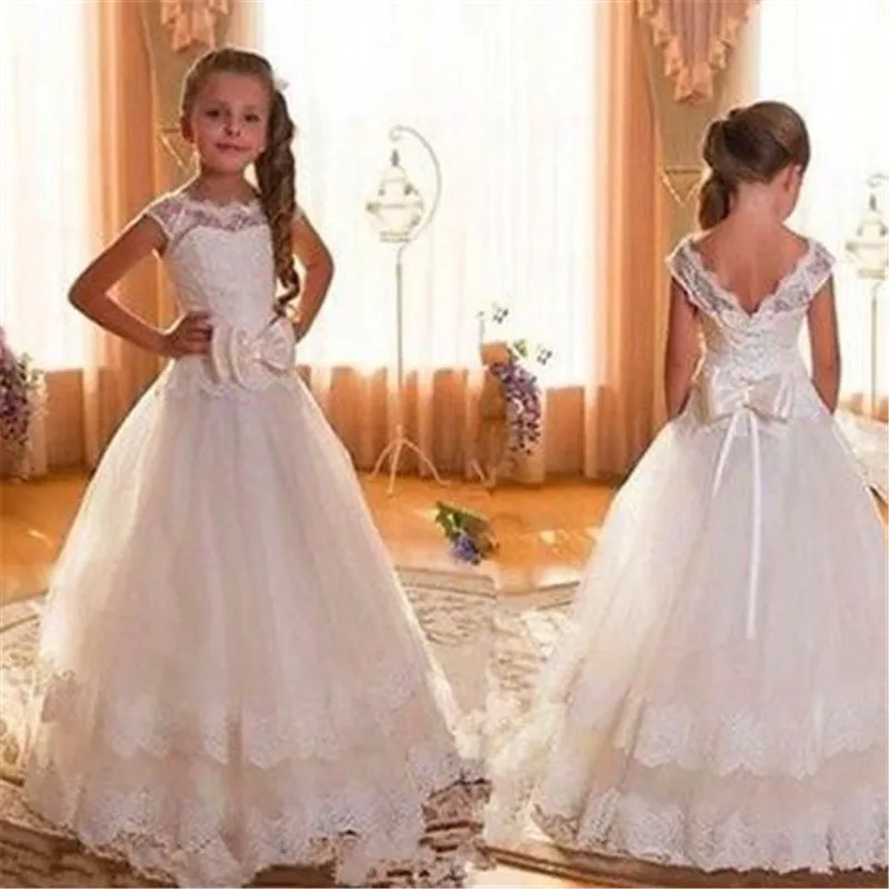 

White Ivory Flower Girl Lace Dresses Little Girls Kids Children Bridesmaid Wedding Party Pageant First Communion Dress