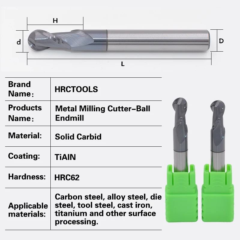 5PCS Tungsten Cabide Sprial  Ball Nose Endmill HRC62 R1.0 R2 R2.5 Milling Cutter Metal Drill Bits