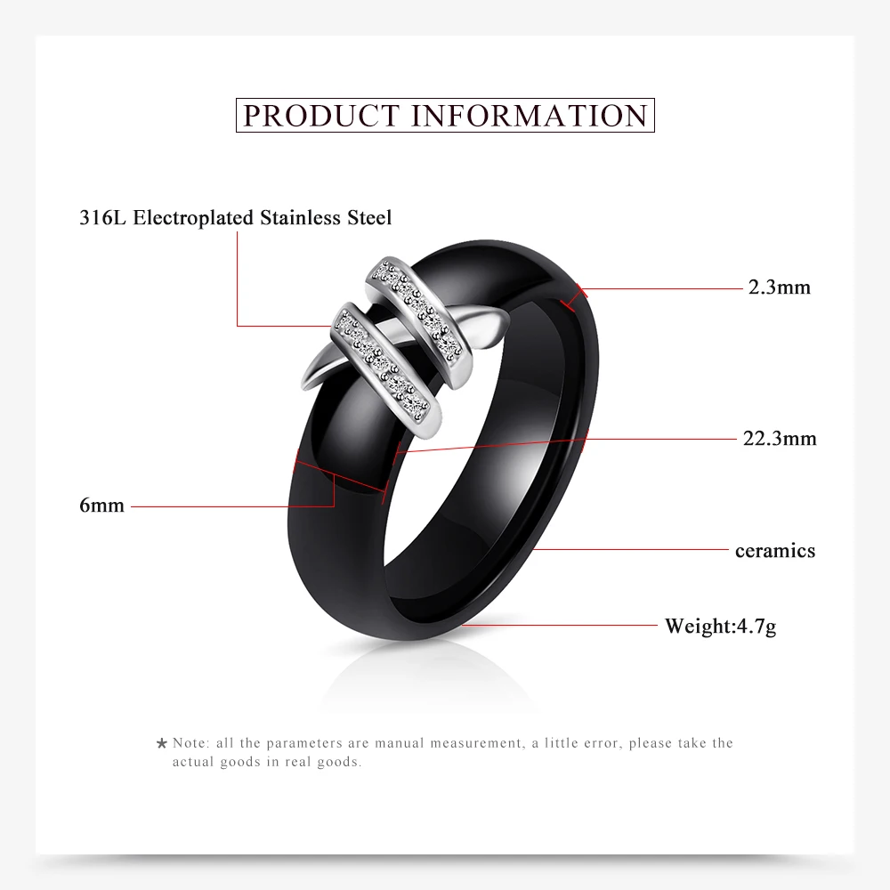 Best 6mm High Quality Black And White Simple Style Two Line Crystal Ziron Ceramic Rings For Women Fashion Jewelry Gift