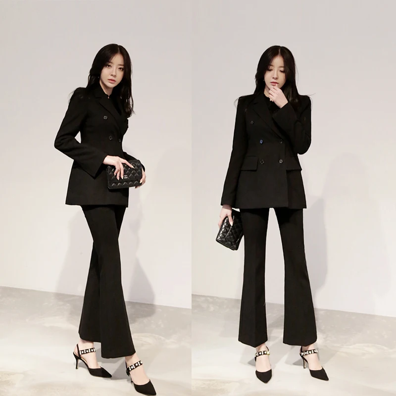 Spring and Autumn Slim Korean double-breasted small suit micro bell pants casual fashion suit office OL women's two-piece suit