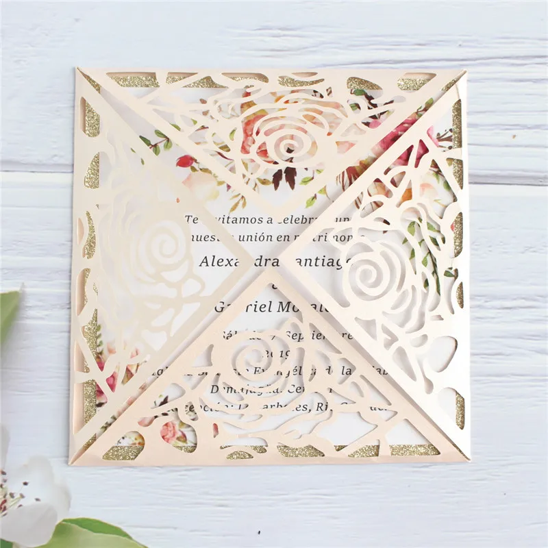 Floral invite wedding with gold glitter insert card lining elegant decoration personalized prinitng 50pcs