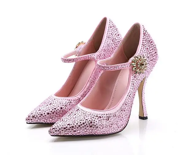

Pink Crystal Embellished High Heel Shoe Sexy Pointed Toe Ankle Strap Thin Heels Woman Pumps Fashion Wedding Shoes