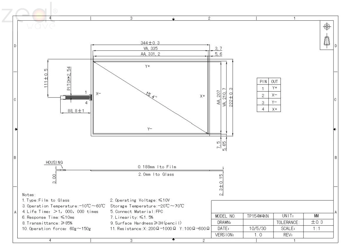 15.4 inch 344*222mm 16:10 4 wire Resistance Touch Screen Industrial Grade Touch Glass Panel for LTN154X3-L01 LCD