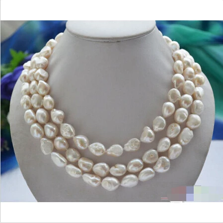 

FREE SHIPPING P4585 3row 19" 15mm white baroque freshwater cultured pearl necklace Noble style Natural Fine jewe fast SHI