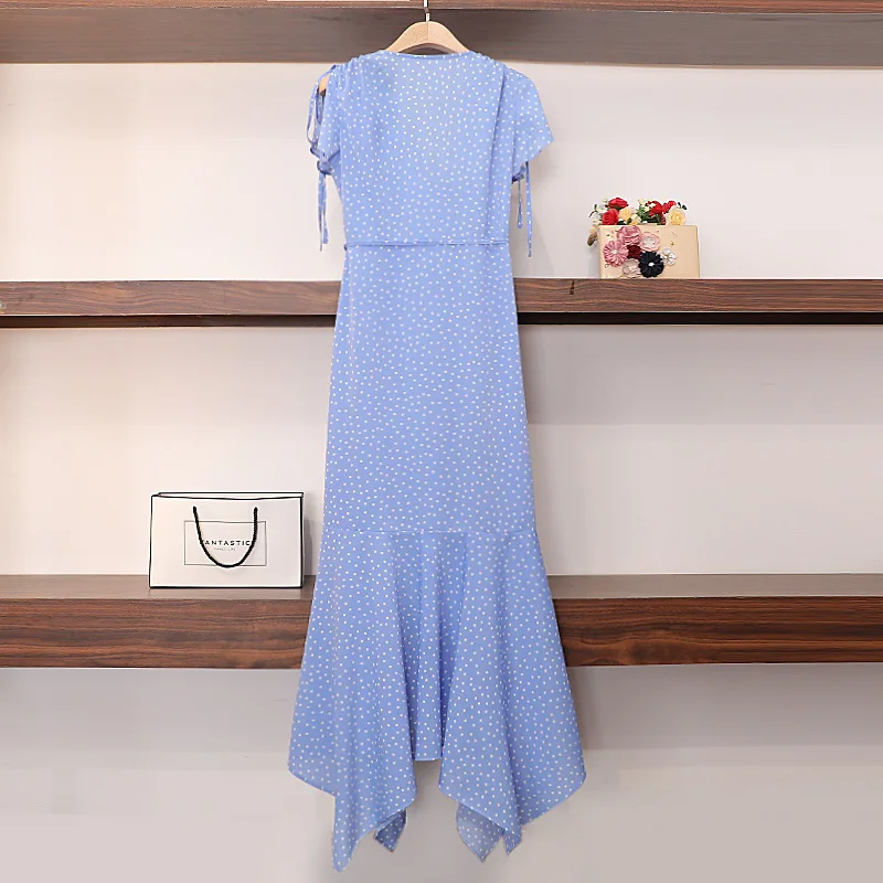 kpop ROSE same Blue wave point V-neck irregular ruffle dress summer korean streetwear sexy dresses women clothes