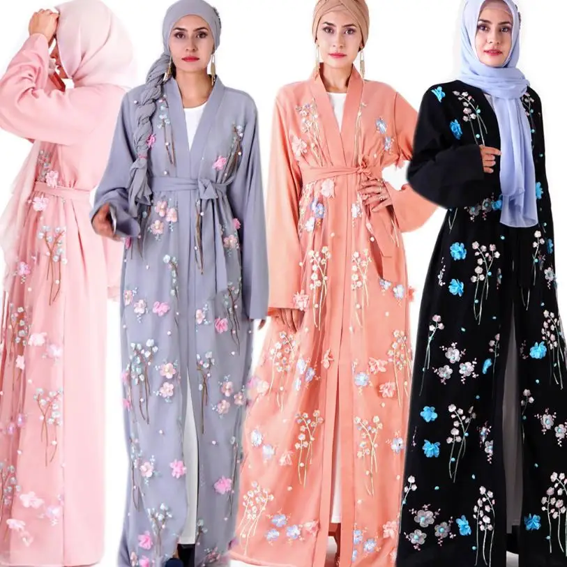 Ramadan Embroidery flowesr Kimonos muslim robes cardigan Abayas women's fashion 3D appliques Islamic clothing wq2349