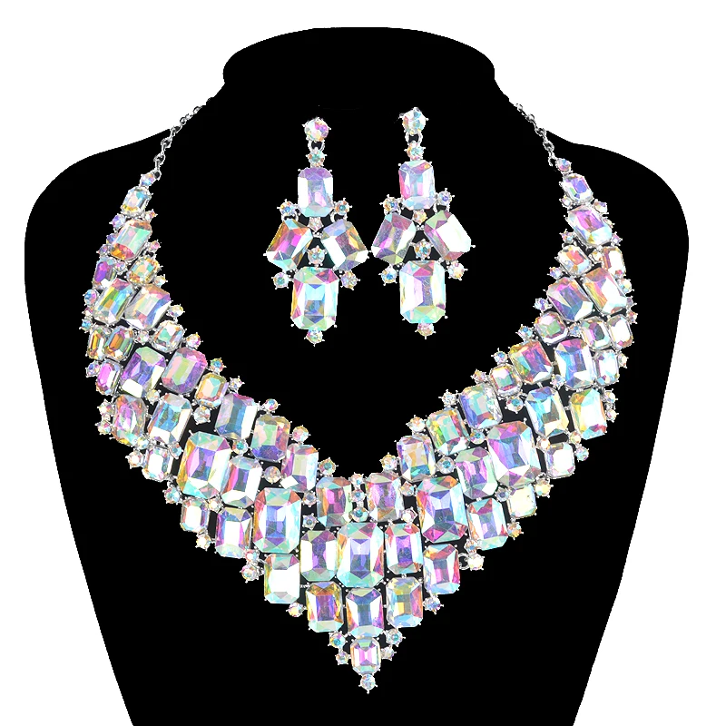 

Statement Ab Shiny Crystal Square Necklace Earrings Women Party Show Jewelry Sets Costume Jewellery Brides Accessories Gifts